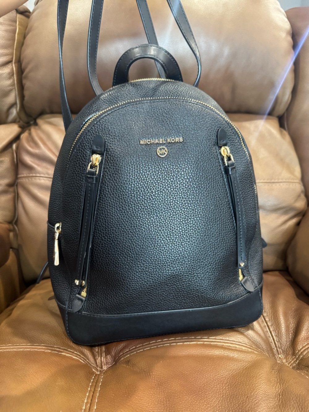 Michael Kors Black Pebbled Leather Mini Backpack with Gold Accents